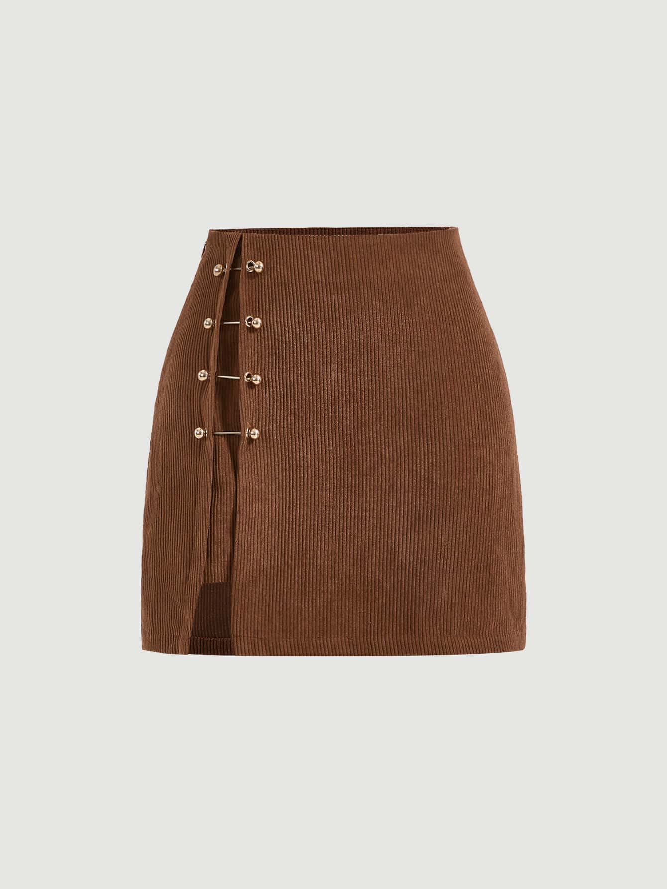 Corduroy Mini Skirt with Side Split and Gold Clasp Detail