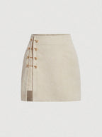 Corduroy Mini Skirt with Side Split and Gold Clasp Detail
