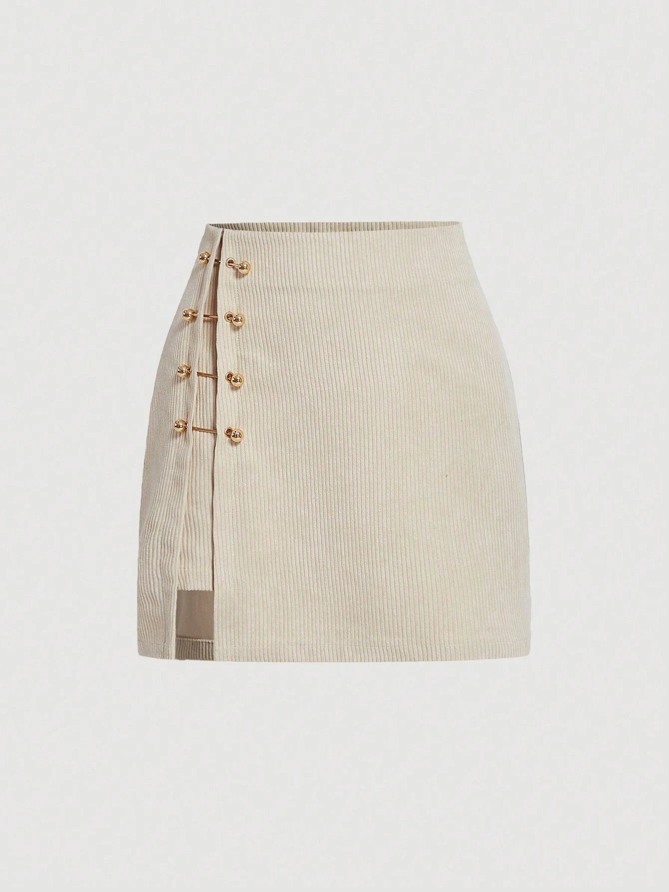 Corduroy Mini Skirt with Side Split and Gold Clasp Detail