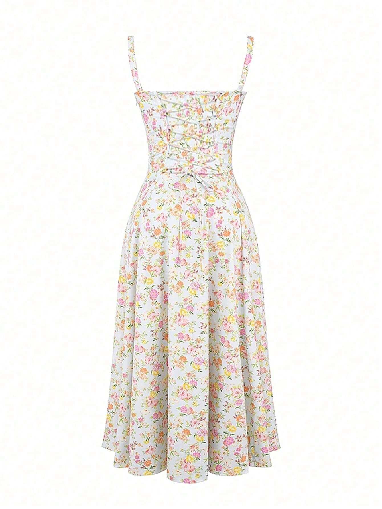 Floral Print Sweetheart Midi Dress with Lace-Up Back