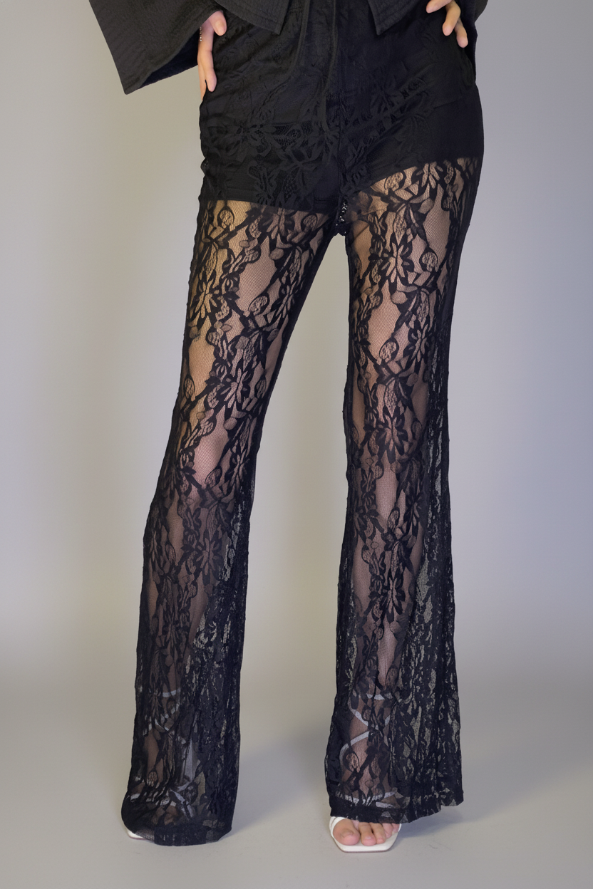 Black Sheer Lace Flare Pants