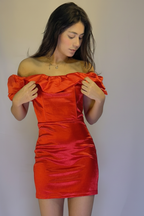 Red Satin Off-The-Shoulder Mini Dress