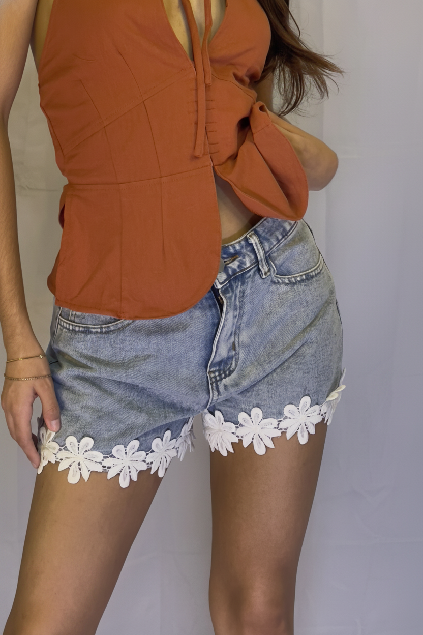 Floral Lace Trim Denim Shorts