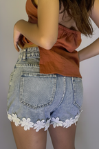 Floral Lace Trim Denim Shorts