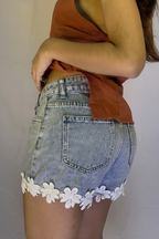 Floral Lace Trim Denim Shorts