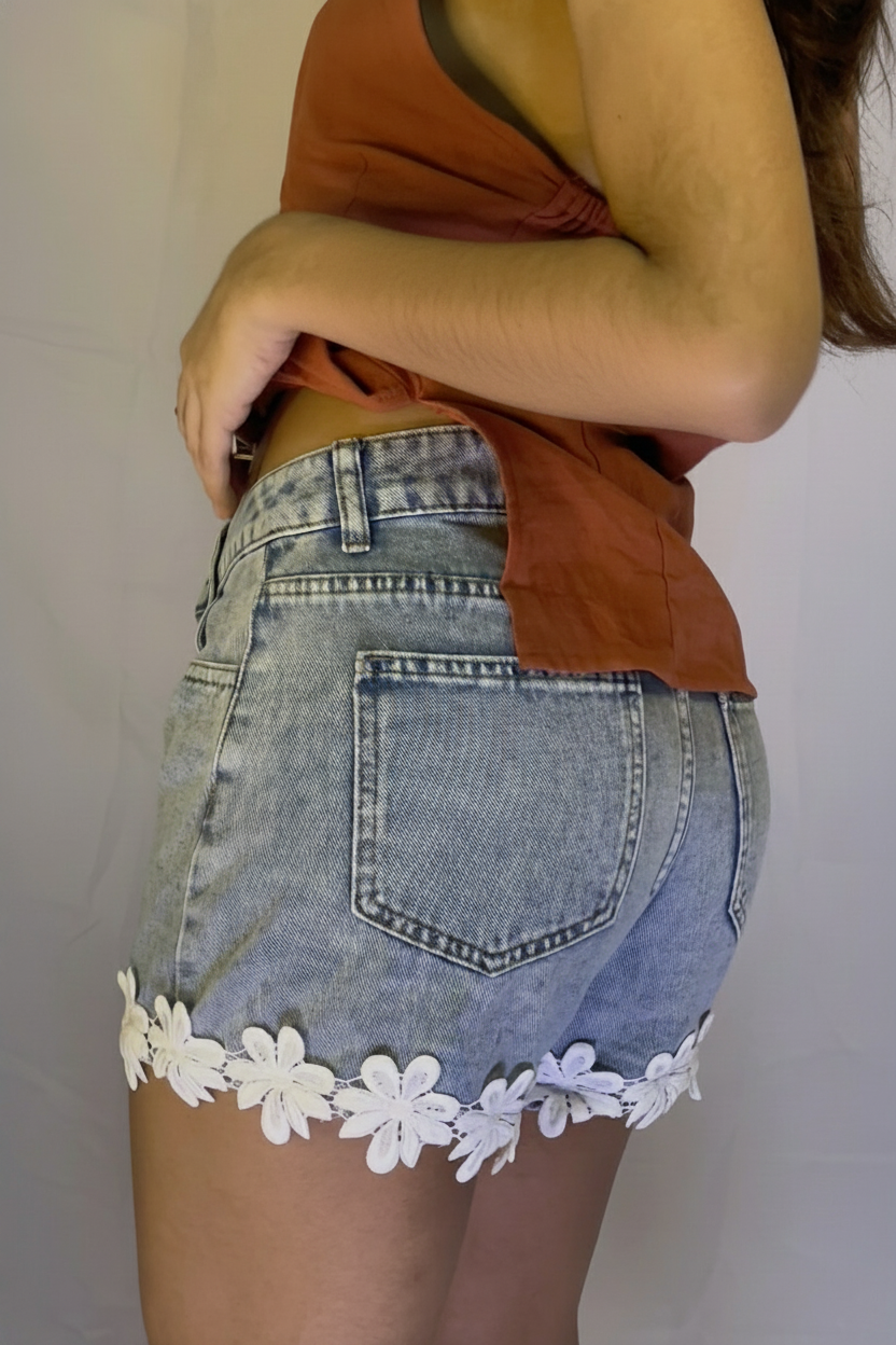 Floral Lace Trim Denim Shorts