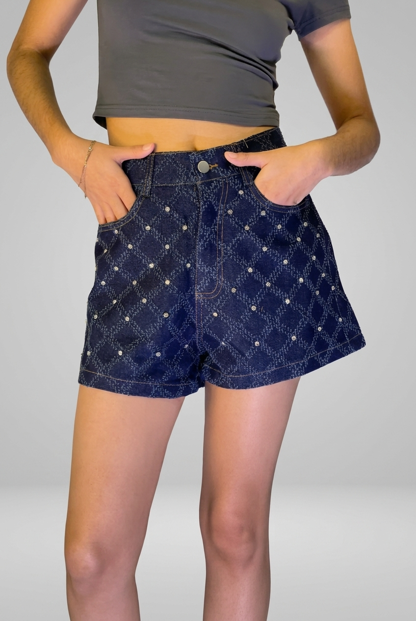 Rhinestone Geometric Denim Shorts