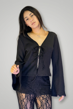 Black Front-Tie Bell Sleeve Blouse