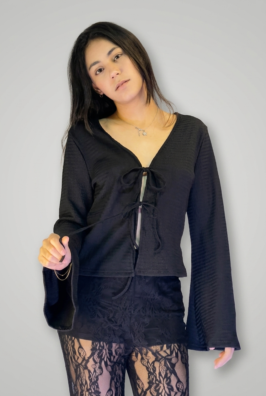 Black Front-Tie Bell Sleeve Blouse