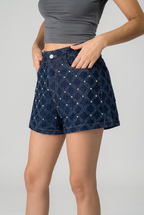 Rhinestone Geometric Denim Shorts