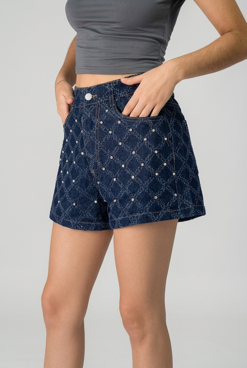 Rhinestone Geometric Denim Shorts