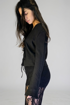 Black Front-Tie Bell Sleeve Blouse