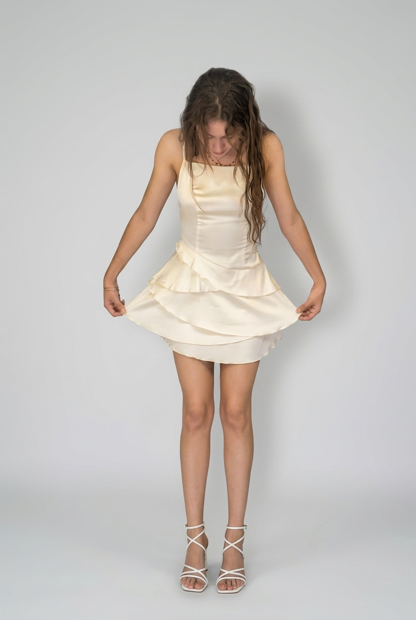 Satin Ruffle Capelet Mini Dress