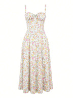 Floral Print Sweetheart Midi Dress with Lace-Up Back