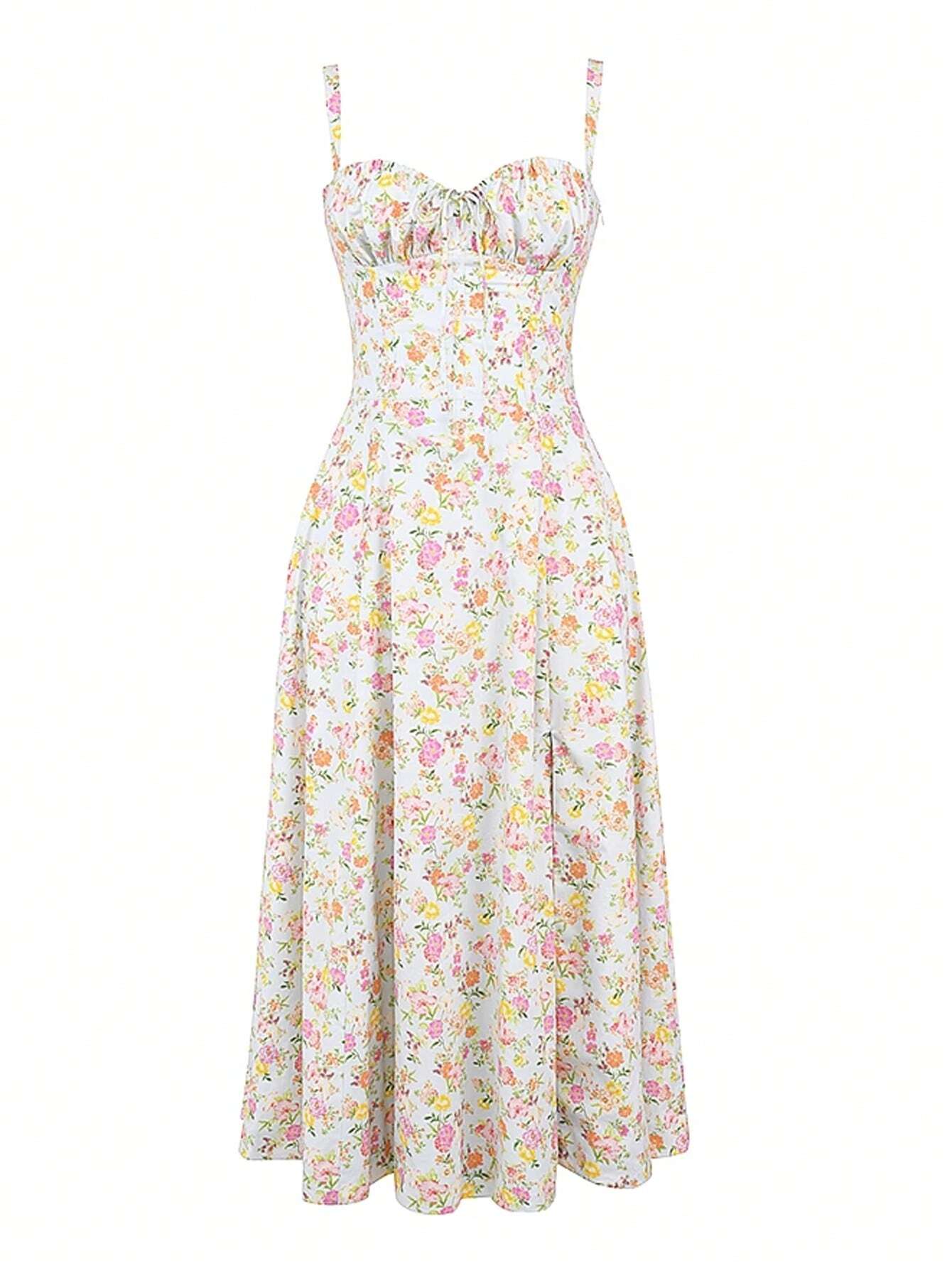 Floral Print Sweetheart Midi Dress with Lace-Up Back
