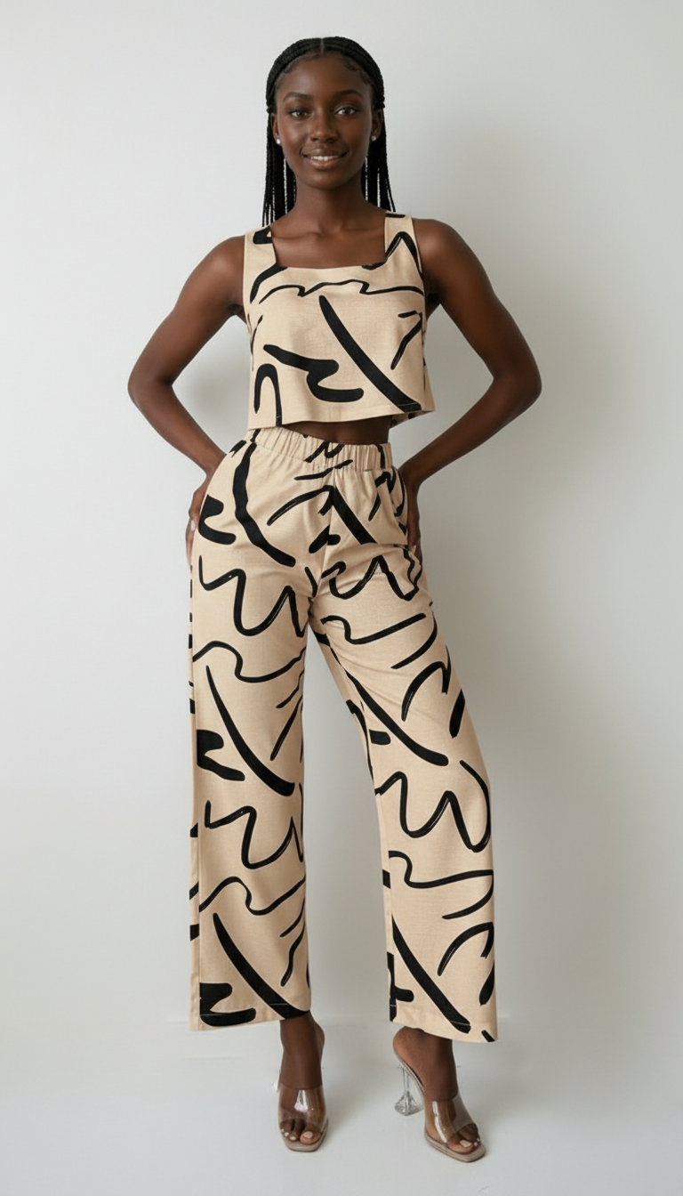 Women's Casual Line Pattern Square Neck Camisole Top And Pants Set