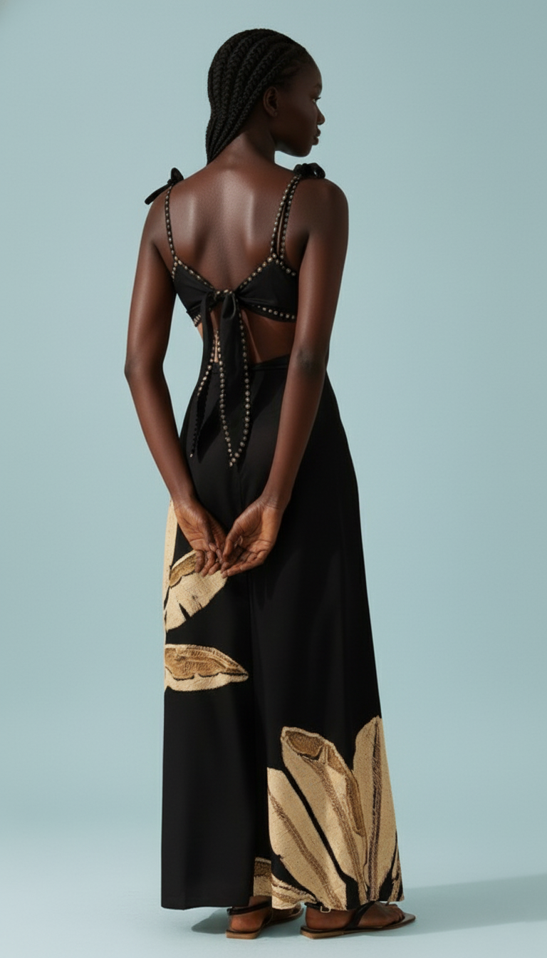 Black Tie-Back Maxi Dress with Waist Cutouts