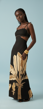 Black Tie-Back Maxi Dress with Waist Cutouts