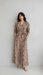 Boho-Print Wide-Leg Jumpsuit with Collar and 3/4 Sleeves
