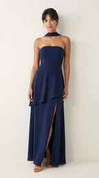 Navy Strapless Chiffon Gown with High Slit & Ruffle