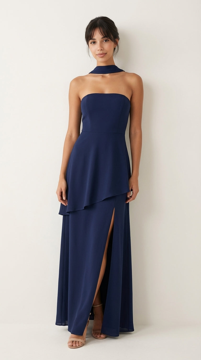 Navy Strapless Chiffon Gown with High Slit & Ruffle