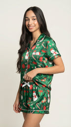 Green Christmas Print Satin Pajama Short Set