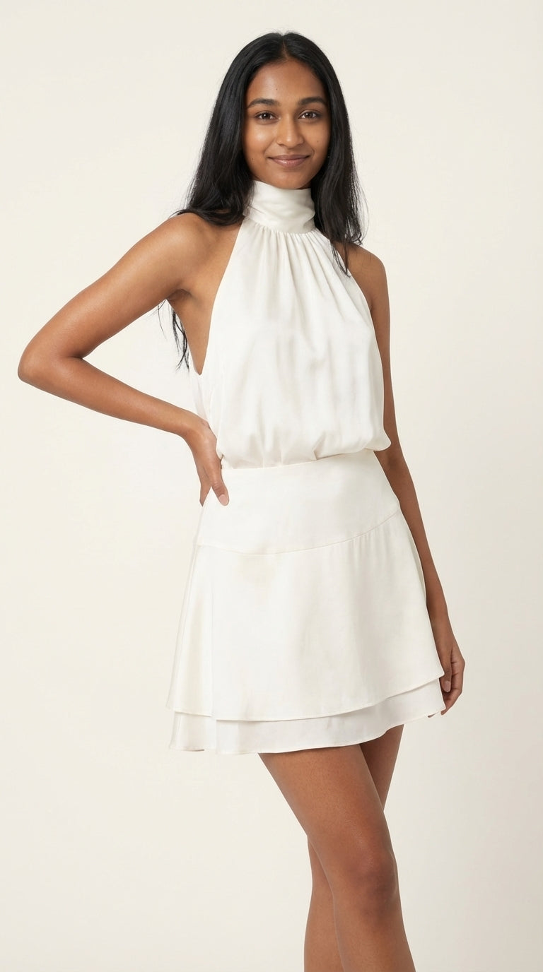 Elegant Cream Halter Dress with Back Bow Detail