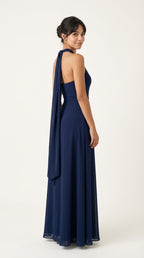Navy Strapless Chiffon Gown with High Slit & Ruffle