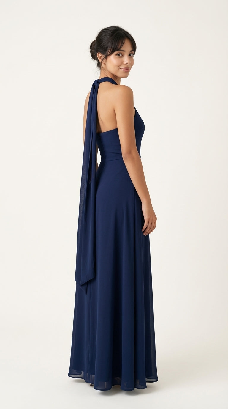 Navy Strapless Chiffon Gown with High Slit & Ruffle