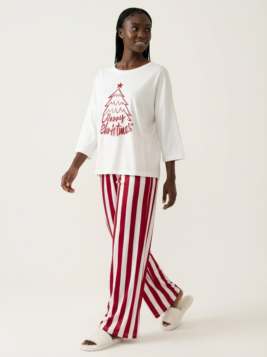Merry Christmas Tree Top & Red/White Stripe Pajama Set