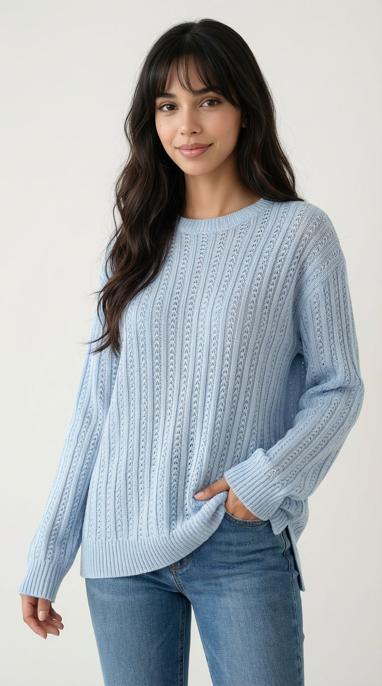 Airy Lightweight Sky Blue Open-Stitch Sweater