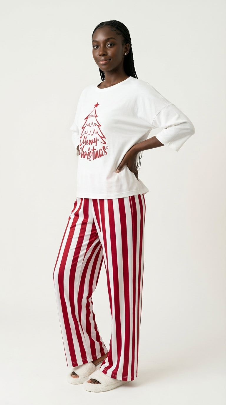 Merry Christmas Tree Top & Red/White Stripe Pajama Set