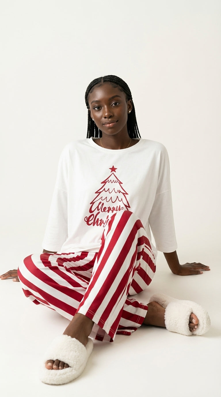 Merry Christmas Tree Top & Red/White Stripe Pajama Set