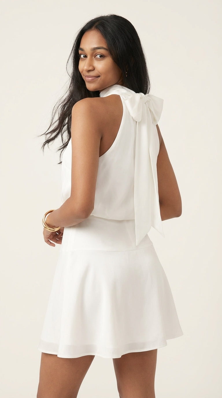 Elegant Cream Halter Dress with Back Bow Detail