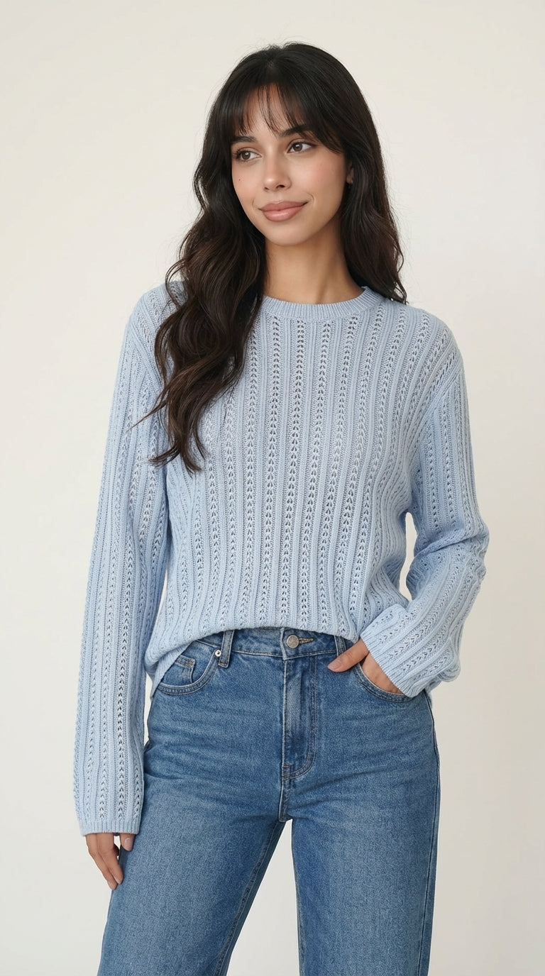 Airy Lightweight Sky Blue Open-Stitch Sweater