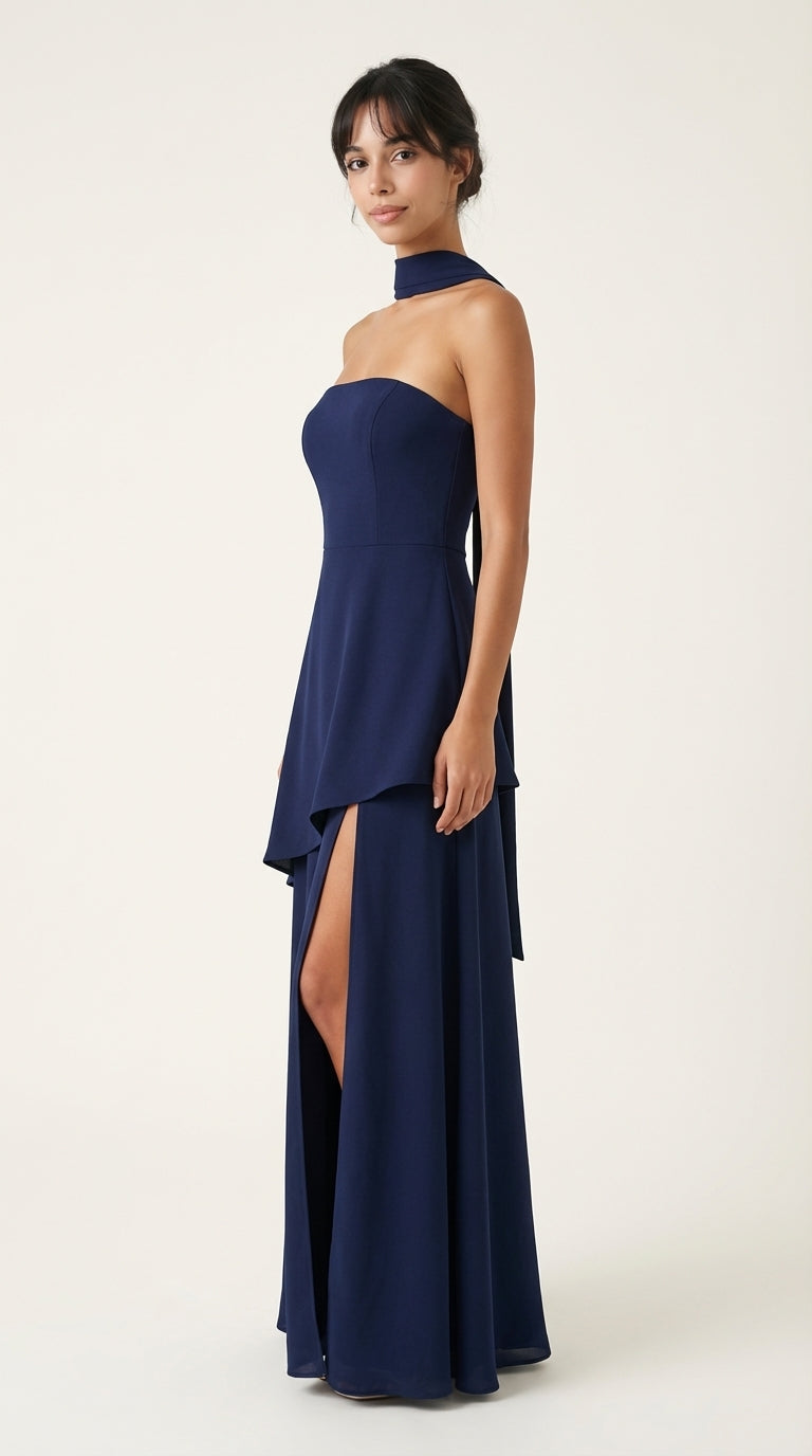 Navy Strapless Chiffon Gown with High Slit & Ruffle