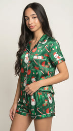 Green Christmas Print Satin Pajama Short Set