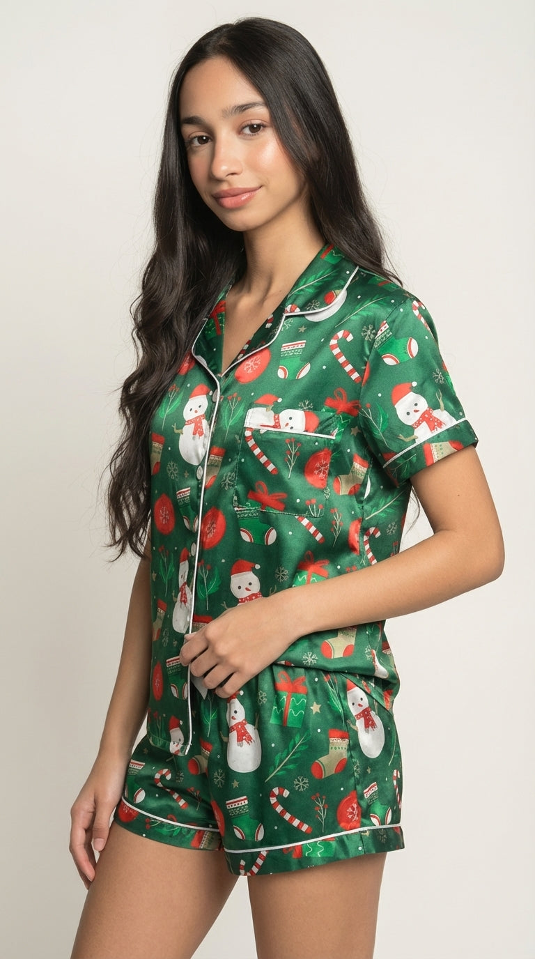 Green Christmas Print Satin Pajama Short Set