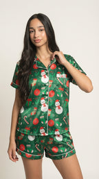Green Christmas Print Satin Pajama Short Set