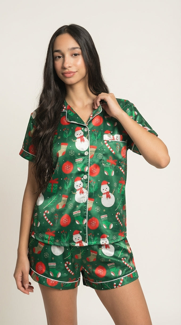 Green Christmas Print Satin Pajama Short Set