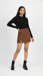 Corduroy Mini Skirt with Side Split and Gold Clasp Detail