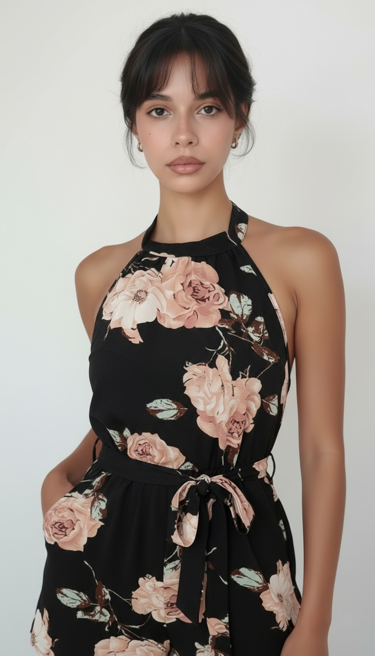 Floral Backless Belted Romper