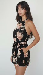 Floral Backless Belted Romper