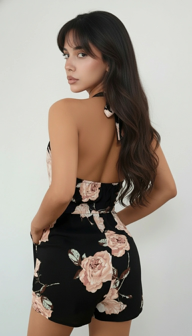 Floral Backless Belted Romper