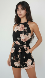 Floral Backless Belted Romper