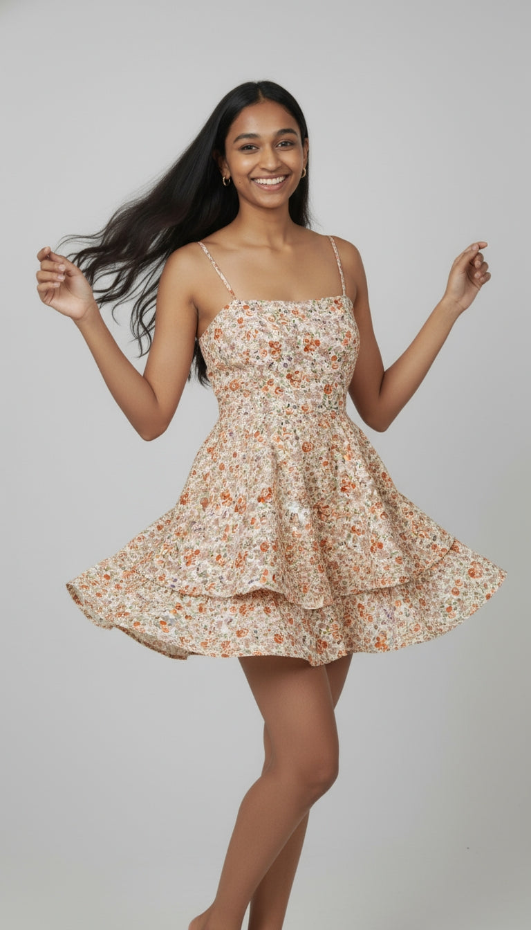 Floral Tie-Back Romper Dress with Tiered Ruffle Skirt Look