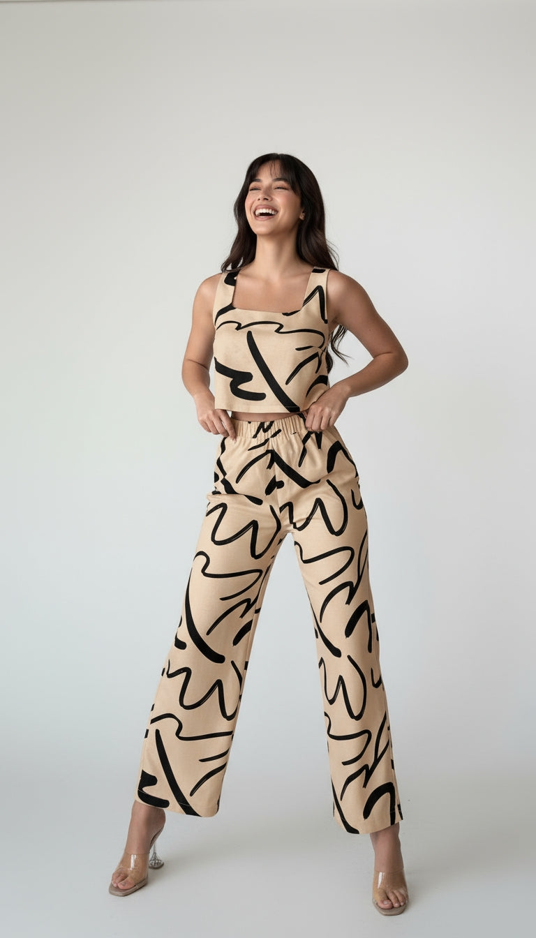 Women's Casual Line Pattern Square Neck Camisole Top And Pants Set