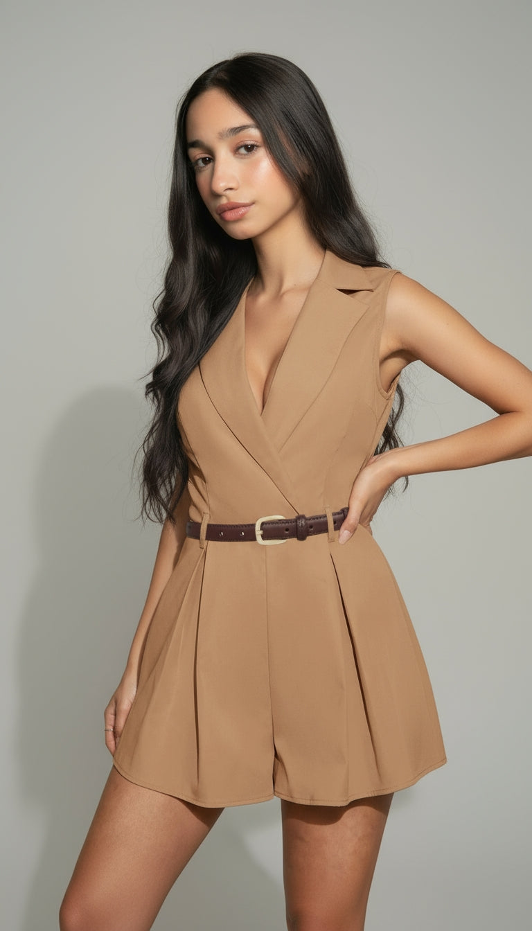 Tailored Ruffle Hem Sleeveless Blazer Romper (with belt)