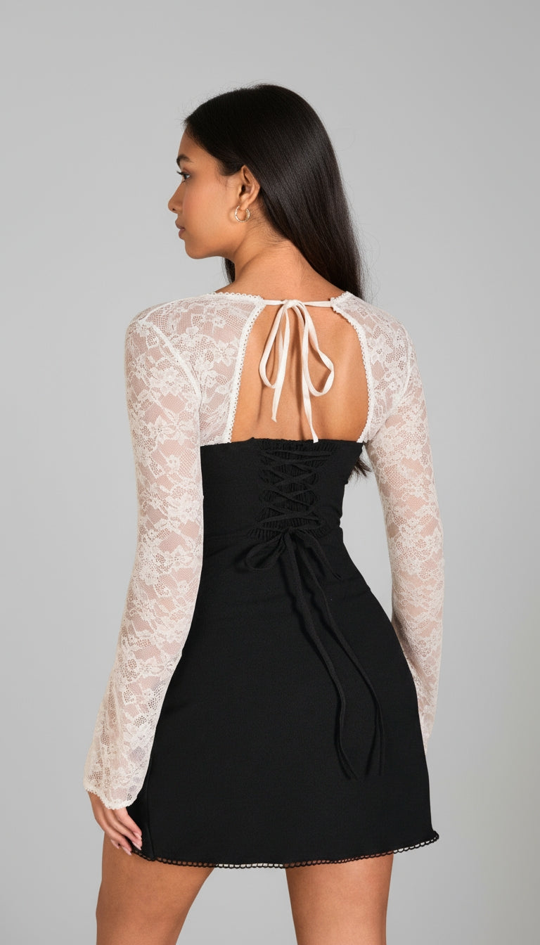 Black Mini Dress with White Lace Trim