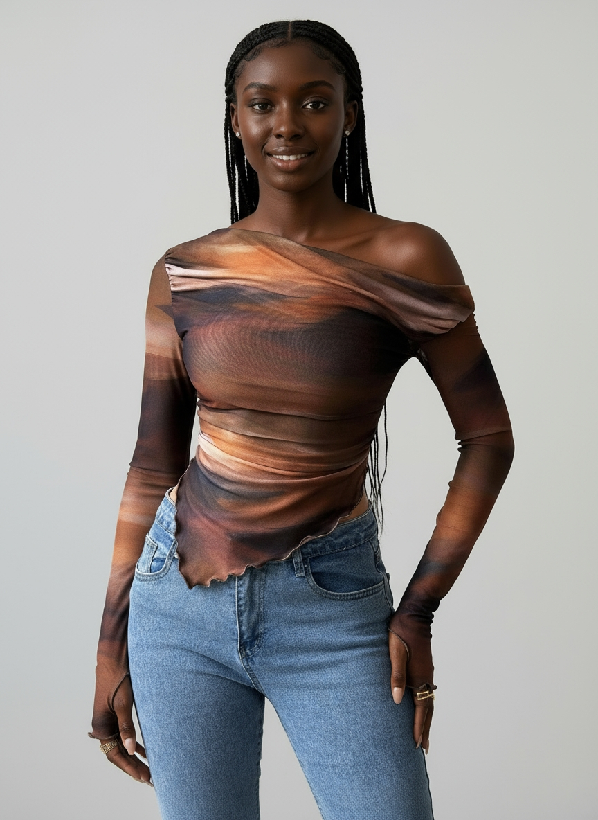 Draped Mesh Asymmetrical One-Shoulder Top